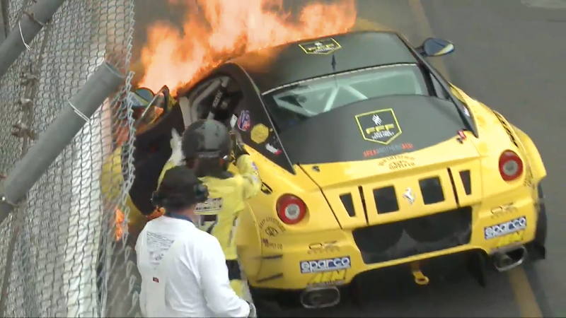 Illustration for article titled Formula Drift Ferrari Catches Fire On Debut